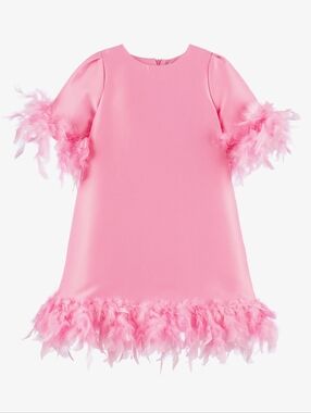 Mama Luma Girls Pink Satin Twill Dress with Feather Trim, Size 7/8Y